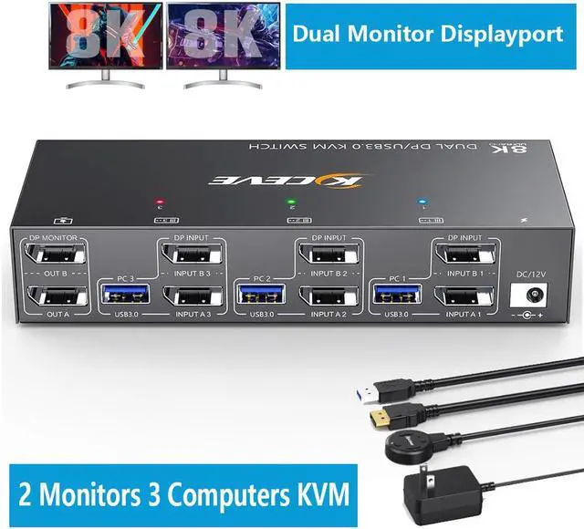 8K Displayport KVM Switch 2 Monitors 3 Computers 8K 60Hz 4K 144Hz Dual Monitor KVM Switch Displayport with 4 USB 3.0 Ports for USB Devices Wired Remote and 12V Power Adapter Included