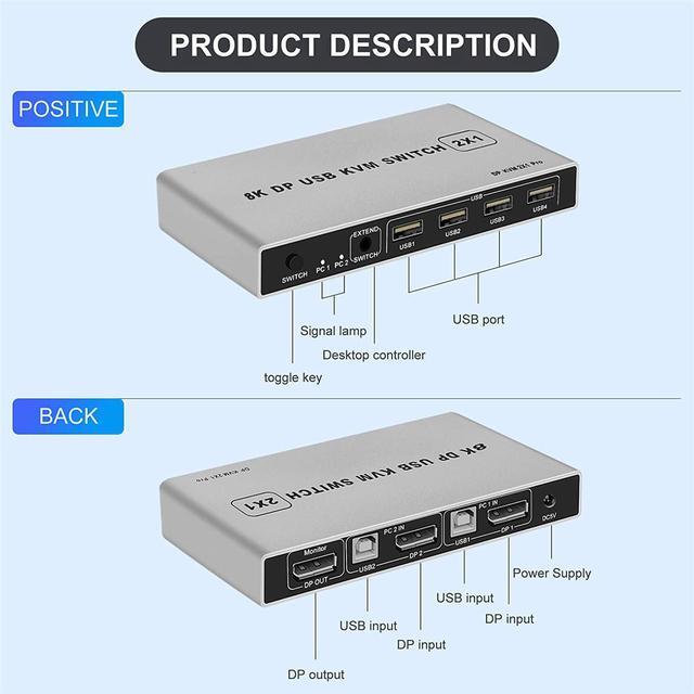 8K DisplayPort KVM Switch 2 Port USB And DP Switch For 2 Computers Share Keyboard Mouse Printer Monitor For Laptop PC Xbox HDTV