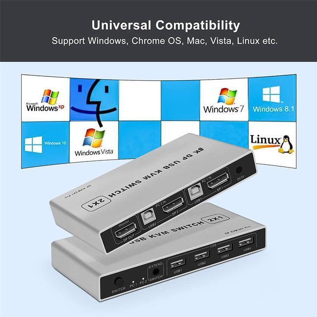 8K DisplayPort KVM Switch 2 Port USB And DP Switch For 2 Computers Share Keyboard Mouse Printer Monitor For Laptop PC Xbox HDTV