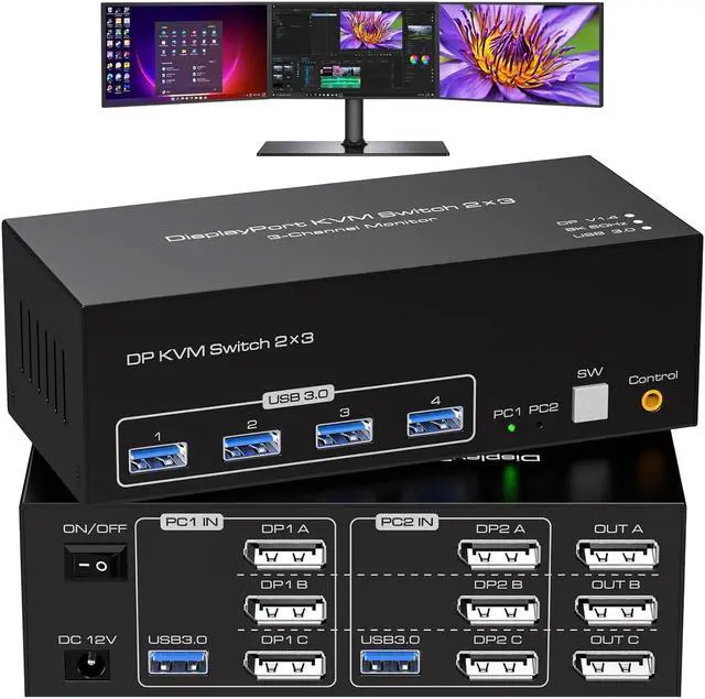 8K Displayport KVM Switch 3 Monitors 2 Computers 4K 120Hz DP KVM Switches Triple Monitor for 2 PC Share 4 USB 3.0 Ports Support Extended & Copy Display Mode Wired Controller & 12V Adapter