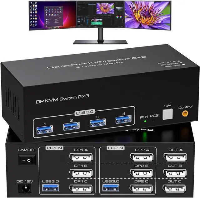 8K Displayport KVM Switch 3 Monitors 2 Computers 8K 60Hz Support Extended & Duplicate Mode with 4 USB 3.0 Hub 8K 60Hz 3 Port DP KVM Switches EDID Adaptive Plug and Play