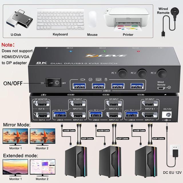 8K DisplayPort KVM Switch 3 PC 2 Monitors 8K 30Hz 4K 144Hz Dual Monitor Displayport KVM Switch With DisplayPort 1.4 And 4 USB 3.0 Ports For 2 PC/Laptops With DP + USB Cable And Desktop Controller