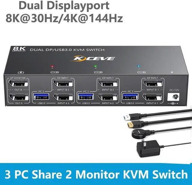 8K DisplayPort KVM Switch 3 PC 2 Monitors 8K 30Hz 4K 144Hz Dual Monitor Displayport KVM Switch with DisplayPort 1.4 and 4 USB 3.0 Ports for 2 PC/Laptops with DP + USB Cable and Desktop Controller