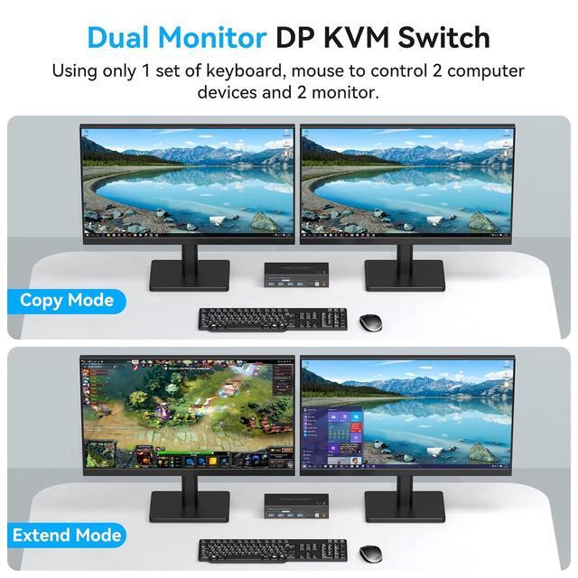 8K Displayport KVM Switch Dual Monitor 4K 120Hz USB 3.0 KVM Switches For 2 Computers Share 2 Monitors And 4 USB Devices 12V/1A DC Adapter Wired Extension Button And 2 USB 3.0 Cables Included