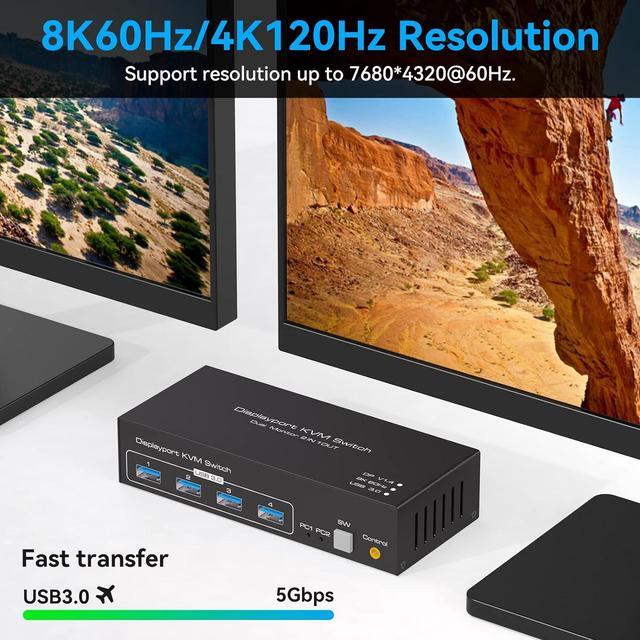 8K Displayport KVM Switch Dual Monitor 4K 120Hz USB 3.0 KVM Switches For 2 Computers Share 2 Monitors And 4 USB Devices 12V/1A DC Adapter Wired Extension Button And 2 USB 3.0 Cables Included