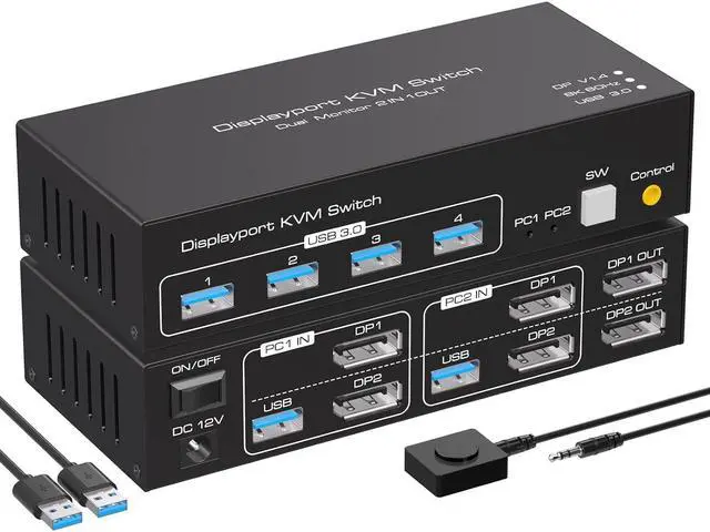8K Displayport KVM Switch Dual Monitor 4K 120Hz USB 3.0 KVM Switches for 2 Computers Share 2 Monitors and 4 USB Devices 12V/1A DC Adapter Wired Extension Button and 2 USB 3.0 Cables Included