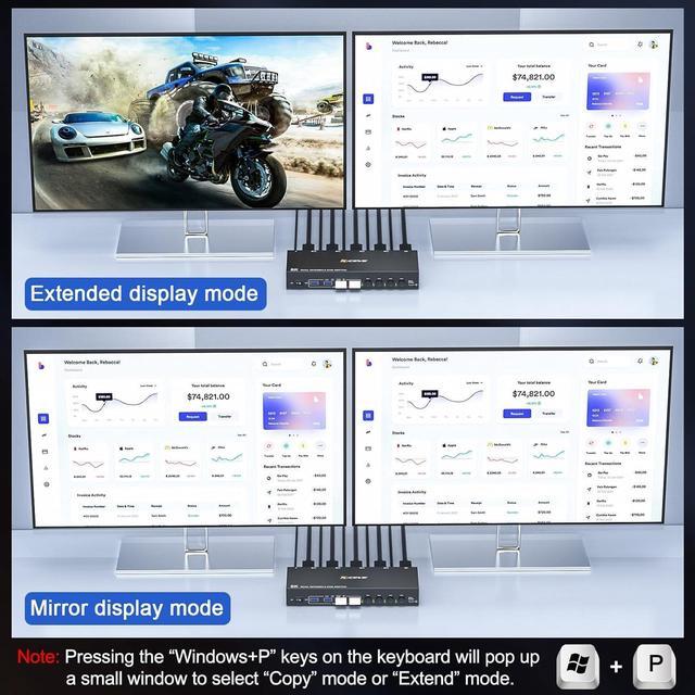 8K DisplayPort KVM Switch For 4 Computers 2 Monitors 8K 30Hz 4K 144Hz Dual Monitor DP KVM Switch DisplayPort 1.4 And 4 USB 3.0 Ports For 4 PC/Laptops With DP+USB Cable And Desktop Controller