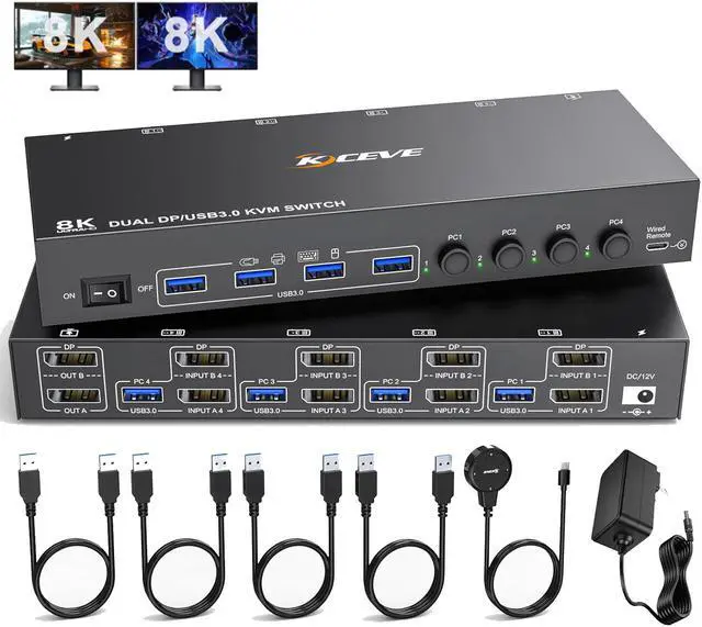 8K DisplayPort KVM Switch for 4 Computers 2 Monitors 8K 30Hz 4K 144Hz Dual Monitor DP KVM Switch DisplayPort 1.4 and 4 USB 3.0 Ports for 4 PC/Laptops with DP+USB Cable and Desktop Controller