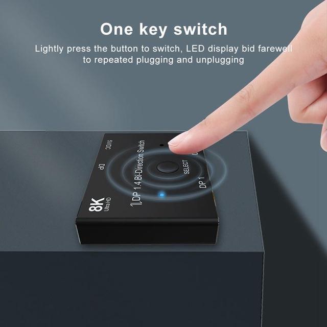 8K DisplayPort Switch Bidirectional DP 1.4 KVM Splitter 2 In 1 Out - Supports 8K 4K 1080P HD Manual DP Switcher For PC Host Monitor Etc