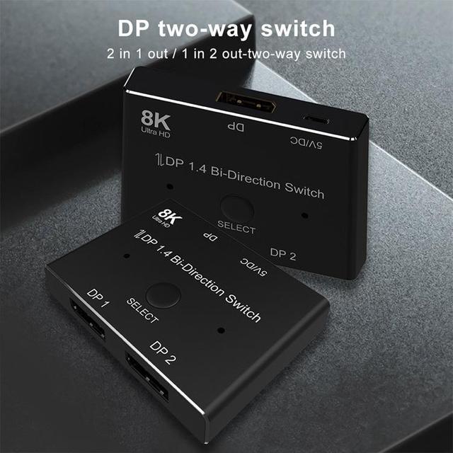 8K DisplayPort Switch Bidirectional DP 1.4 KVM Splitter 2 In 1 Out - Supports 8K 4K 1080P HD Manual DP Switcher For PC Host Monitor Etc