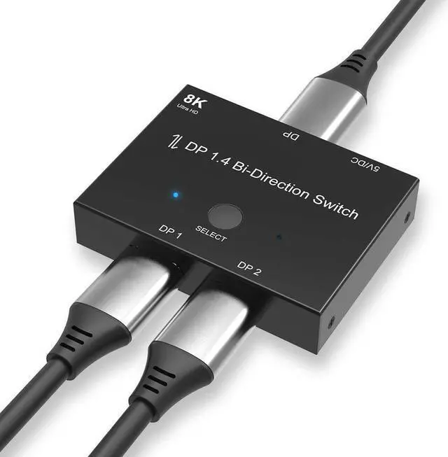 8K DisplayPort Switch Bidirectional DP 1.4 KVM Splitter 2 in 1 Out - Supports 8K 4K 1080P HD Manual DP Switcher for PC Host Monitor etc