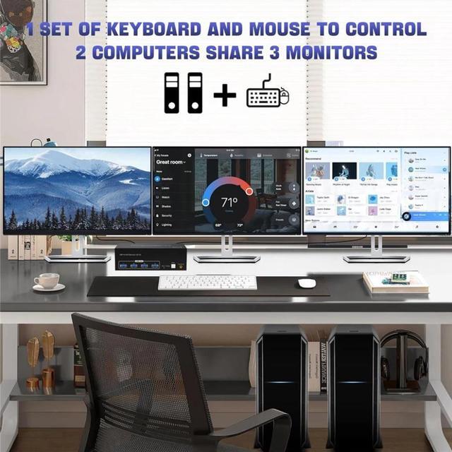 8K Displayport USB 3.0 KVM Switch 3 Monitors 2 Computers DP1.4 Triple Monitor Displayport KVM Switch With 4 USB 3.0 Ports 8K 60Hz 4K 144Hz DP KVM Triple Monitor Keyboard Mouse Switcher