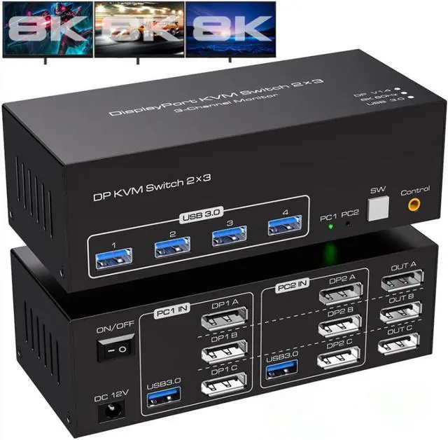 8K Displayport USB 3.0 KVM Switch 3 Monitors 2 Computers DP1.4 Triple Monitor Displayport KVM Switch with 4 USB 3.0 Ports 8K 60Hz 4K 144Hz DP KVM Triple Monitor Keyboard Mouse Switcher