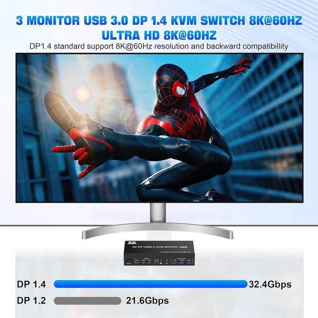 8K Displayport USB 3.0 KVM Switch 3 Monitors 4 Computers DP 1.4 Triple Monitor Displayport KVM Switch With Audio Microphone Output And 3 USB3.0 Ports 8K DP KVM Triple Monitor Keyboard Mouse Switcher