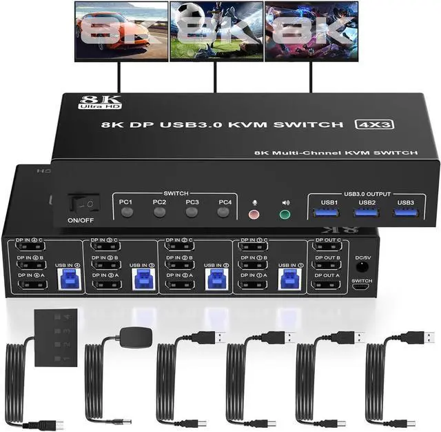 8K Displayport USB 3.0 KVM Switch 3 Monitors 4 Computers DP 1.4 Triple Monitor Displayport KVM Switch with Audio Microphone Output and 3 USB3.0 Ports 8K DP KVM Triple Monitor Keyboard Mouse Switcher