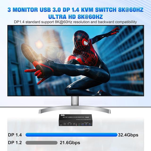 8K Displayport USB 3.0 KVM Switch 3 Monitors 4 Computers DP 1.4 Triple Monitor Displayport KVM Switch With Audio Microphone Output And 3 USB3.0 Ports 8K DP KVM Triple Monitor Keyboard Mouse Switcher