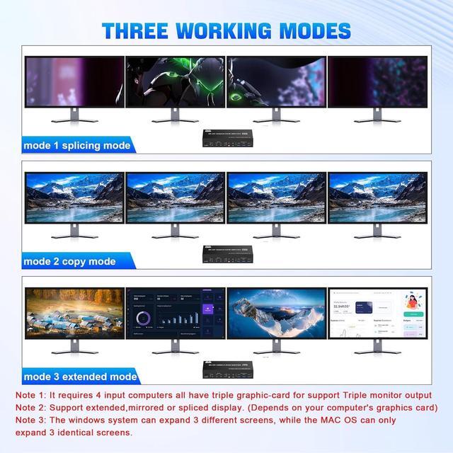 8K Displayport USB 3.0 KVM Switch 3 Monitors 4 Computers DP 1.4 Triple Monitor Displayport KVM Switch With Audio Microphone Output And 3 USB3.0 Ports 8K DP KVM Triple Monitor Keyboard Mouse Switcher