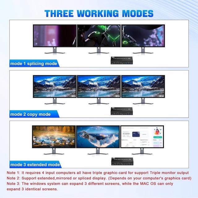 8K Displayport USB 3.0 KVM Switch 3 Monitors 4 Computers DP+DP+DP Triple Monitor KVM Switch With Audio Microphone Output And 3 USB 3.0 Ports 8K DP1.4 KVM Triple Monitor Keyboard Mouse Switcher