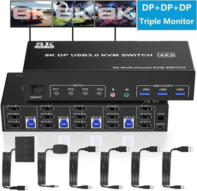 8K Displayport USB 3.0 KVM Switch 3 Monitors 4 Computers DP+DP+DP Triple Monitor KVM Switch with Audio Microphone Output and 3 USB 3.0 Ports 8K DP1.4 KVM Triple Monitor Keyboard Mouse Switcher
