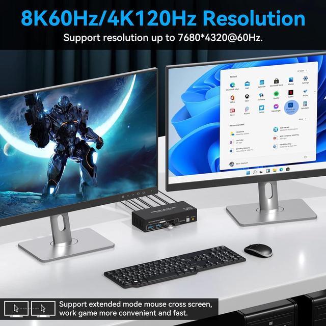 8K Dual Monitor DP KVM Switch 8K 60Hz USB DisplayPort Extended Display Switcher For 2 Computers Share 2 Monitors And 4 USB 3.0 Hub Desktop Controller And USB Cables Included