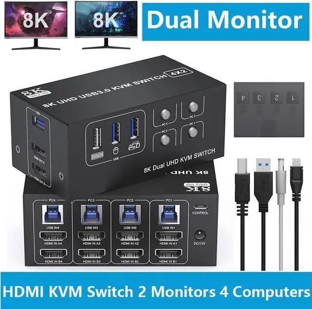 8K Dual Monitor KVM Switch 4 Computer 2 Monitors HDMI KVM Switches with 3 USB 3.0 Ports Remote and Power Adapter Support Copy and Extend Mode Compatible with Windows/Vista/XP/Mac OS/Linu