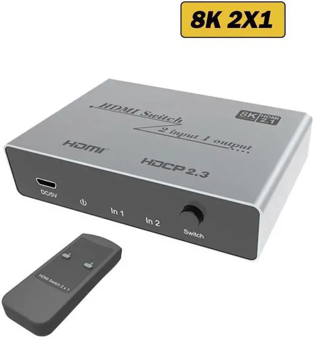 8K HDMI 2.1 Switch 3 In 1 Out 8K 60Hz HDMI 2.1 Switch 2x1 3x1 Selector Box with IR Remote Support 48Gbps HDR HDCP2.3 for PS5 TV(8K 2X1 Switch)