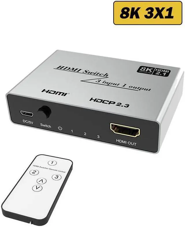 8K HDMI 2.1 Switch 3 In 1 Out 8K 60Hz HDMI 2.1 Switch 2x1 3x1 Selector Box with IR Remote Support 48Gbps HDR HDCP2.3 for PS5 TV(8K 3X1 Switch)