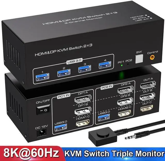 8K HDMI+2 Displayport KVM Switch 3 Monitors 2 Computers 8K 60Hz Support Extended & Duplicate Mode with 4 USB 3.0 Hub 8K 60Hz 3 Port DP HDMI KVM Switches EDID Adaptive Plug and Play
