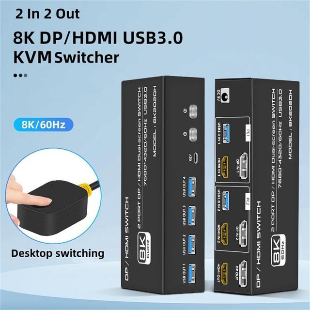 8K HDMI + Displayport Dual Monitor KVM Switch 2 In 2 Out For 2 Monitors 2 Computers 2 Port HDMI2.1 + DP1.4 KVM Switcher PC Extended Display For 2 PCs Share 4 USB 3.0 Devices Support 4K 120hz 8K 60hz
