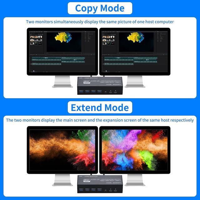 8K HDMI + Displayport Dual Monitor KVM Switch 2 In 2 Out For 2 Monitors 2 Computers 2 Port HDMI2.1 + DP1.4 KVM Switcher PC Extended Display For 2 PCs Share 4 USB 3.0 Devices Support 4K 120hz 8K 60hz
