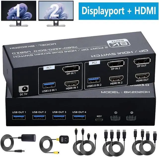 8K HDMI + Displayport Dual Monitor KVM Switch 2 in 2 Out for 2 Monitors 2 Computers 2 Port HDMI2.1 + DP1.4 KVM Switcher PC Extended Display for 2 PCs Share 4 USB 3.0 Devices Support 4K 120hz 8K 60hz