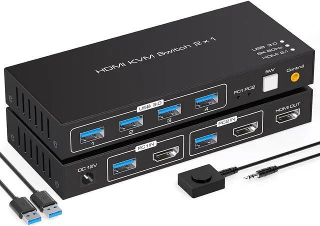 8K HDMI KVM Switch 1 Monitors 2 Computers 4 USB 3.0 Ports HDMI 2.1 Switch for 2 Computers Share Keyboard Mouse Printer and one HDMI Monitor Support 8K 60Hz 4K 244Hz with Wired Controller