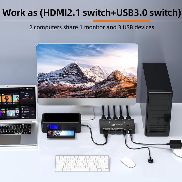 8K HDMI KVM Switch 2 In 1 Out 2 Port 8K 60Hz 4K 120Hz HDMI KVM Switch For 2 Computers Share 1 Monitor And 3 USB 3.0 Devices HDCP 2.3 HDR 10 With Wired Remote 12V Power Adapter And 2 USB 3.0 Cables