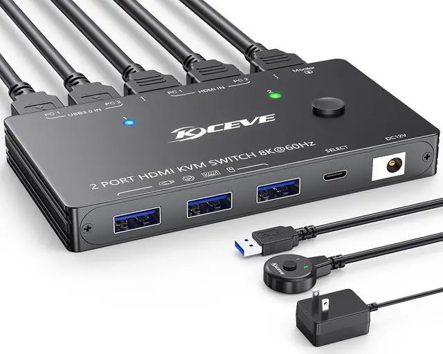 8K HDMI KVM Switch 2 in 1 Out 2 Port 8K 60Hz 4K 120Hz HDMI KVM Switch for 2 Computers Share 1 Monitor and 3 USB 3.0 Devices HDCP 2.3 HDR 10 with Wired Remote 12V Power Adapter and 2 USB 3.0 Cables