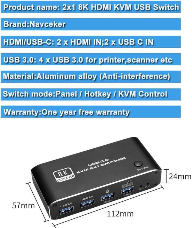 8K HDMI KVM Switch 2 In 1 Out 8K 60Hz 4K 120Hz 2 PC To 1 Monitor With 2 USB 3.0 Ports And Keyboard Mouse Port For Sharing Keyboard Mouse U Disk