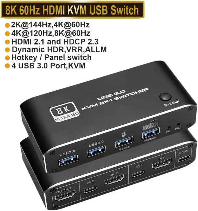8K HDMI KVM Switch 2 in 1 Out 8K 60Hz 4K 120Hz 2 PC to 1 Monitor with 2 USB 3.0 Ports and Keyboard Mouse port for Sharing Keyboard Mouse U Disk