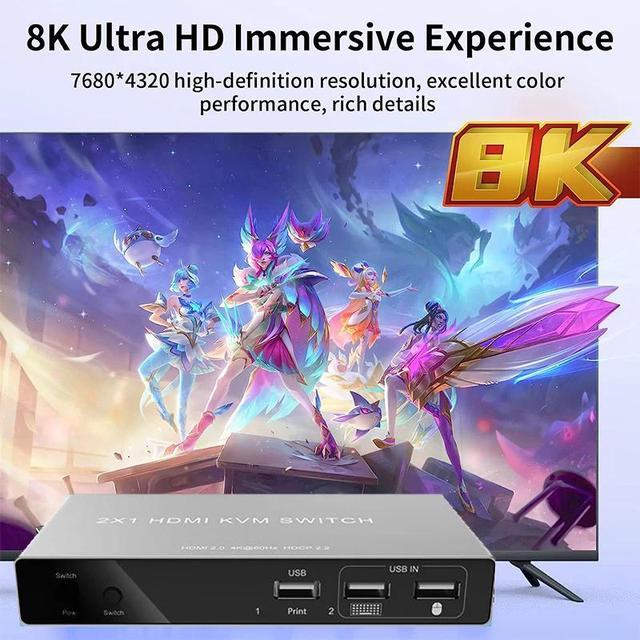 8K HDMI KVM Switch 2 In 1 Out 8K 60Hz HDMI USB KVM Switcher Selector 2x1 Support 2 PC Share Mouse Keyboard Monitor For PC Laptop