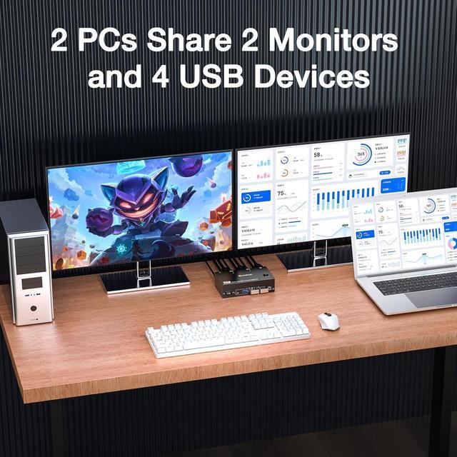 8K HDMI KVM Switch 2 Monitors 2 Computers 8K 60Hz 4K 144Hz USB 3.0 Dual Monitor KVM Switch For 2 Computer Share 2 Monitor And 4 USB3.0 HUB Wired Remote 12V Power Adapter And USB Cable Included