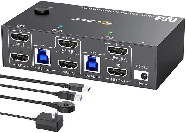 8K HDMI KVM Switch 2 Monitors 2 Computers 8K 60Hz 4K 144Hz USB 3.0 Dual Monitor KVM Switch for 2 Computer Share 2 Monitor and 4 USB3.0 HUB Wired Remote 12V Power Adapter and USB Cable Included