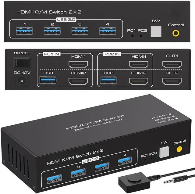 8K HDMI KVM Switch 2 Monitors 2 Computers 8K 60Hz Support Extended & Duplicate Mode with 4 USB 3.0 Hub 8K 60Hz HDMI 2 Port KVM Switches EDID Adaptive Plug and Play