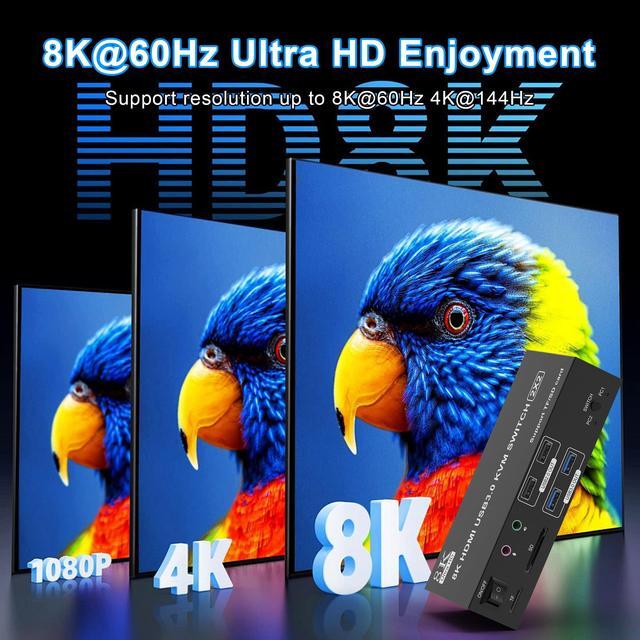 8K HDMI KVM Switch 2 Monitors 2 Computers Dual Monitor Support 8K 60Hz 4K 120Hz KVM Switcher For 2 Computers Share 2 Monitor 4 USB Devices Audio Microphone And SD TF Card DC 12V &Wired Controller