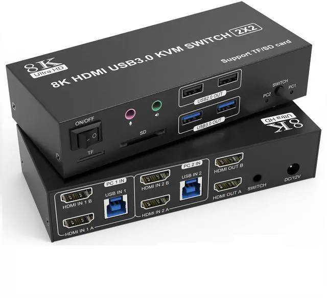 8K HDMI KVM Switch 2 Monitors 2 Computers Dual Monitor Support 8K 60Hz 4K 120Hz KVM Switcher for 2 Computers Share 2 Monitor 4 USB Devices Audio Microphone and SD TF Card DC 12V &Wired Controller