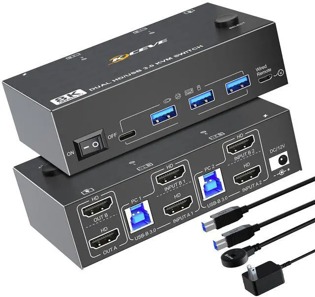 8K HDMI KVM Switch 2 Monitors 2 Computers Dual Monitor Support 8K 60Hz 4K 120Hz Dual Monitor KVM Switch HDMI 2 Port and 4 USB3.0 Devices Wired Remote and 12V Power Adapter Included