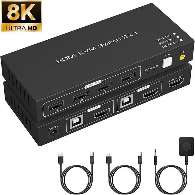 8K HDMI KVM Switch 2 Port 8K 60Hz 2 in 1 Out HDMI KVM Switch 4 Port USB 2.0 for 2 Computers 1 Monitor Share Keyboard Mouse Printer Support Wire-Desktop Controller Including 2 USB 2.0 Cable