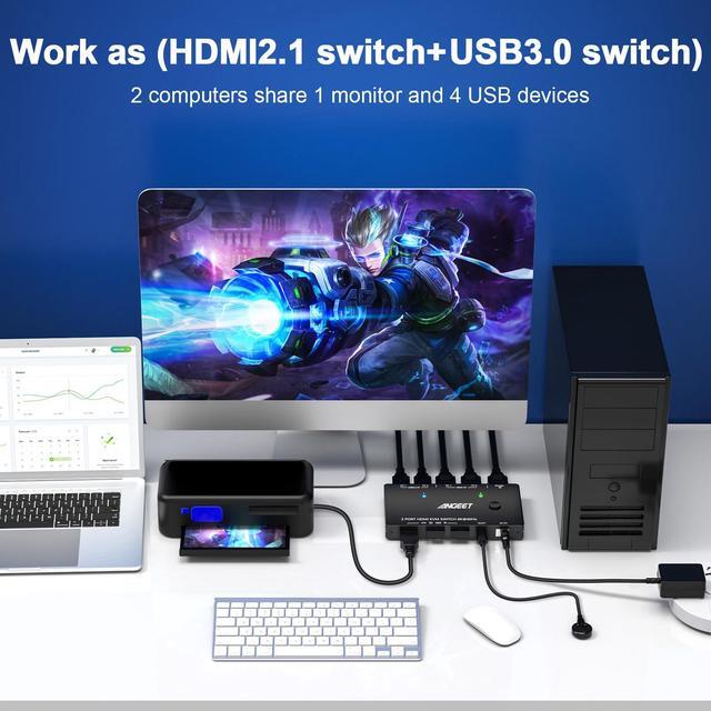 8K HDMI KVM Switch 2 Port 8K 60Hz 4K 120HzANGEET HDMI 2.1 KVM Switch For 2 Computers Share 1 Monitor And 3 USB 3.0 DevicesHDCP 2.3HDR 10with Wired Remote And 2 USB3.0 Cable