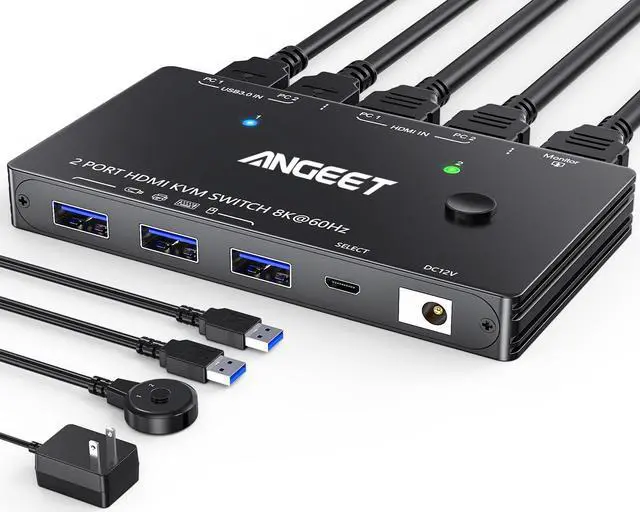 8K HDMI KVM Switch 2 Port 8K 60Hz 4K 120HzANGEET HDMI 2.1 KVM Switch for 2 Computers Share 1 Monitor and 3 USB 3.0 DevicesHDCP 2.3HDR 10with Wired Remote and 2 USB3.0 Cable
