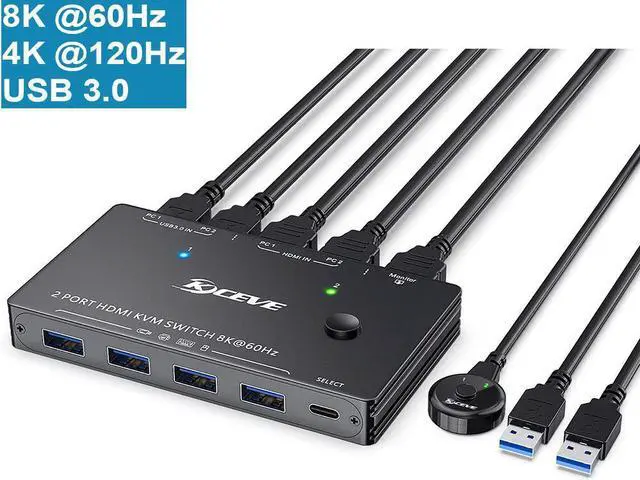 8K HDMI KVM Switch 2 Ports USB 3.0 HDMI2.1 KVM Switcher Box Support 7680x4320 8K 60Hz 3840x2160 4K 120Hz Resolution for 2 Computers Share Mouse Keyboard and Monitor