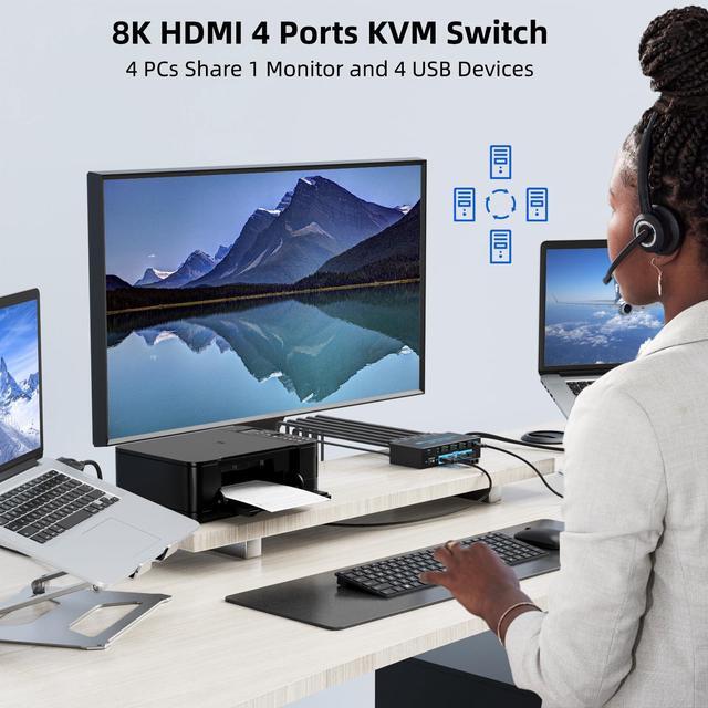 8K HDMI KVM Switch 4 Computers Sharing 1 Monitor ANXQQ EDID Function KVM Switch HDMI 4 Port 8K 60Hz 4K144Hz For 4 USB Devices Keyboard Mouse Switch With 4 USB Cables Wired Control And Power Supply
