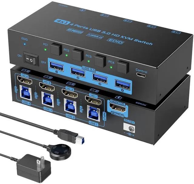 8K HDMI KVM Switch 4 Computers Sharing 1 Monitor ANXQQ EDID Function KVM Switch HDMI 4 Port 8K 60Hz 4K144Hz for 4 USB Devices Keyboard Mouse Switch with 4 USB Cables Wired Control and Power Supply