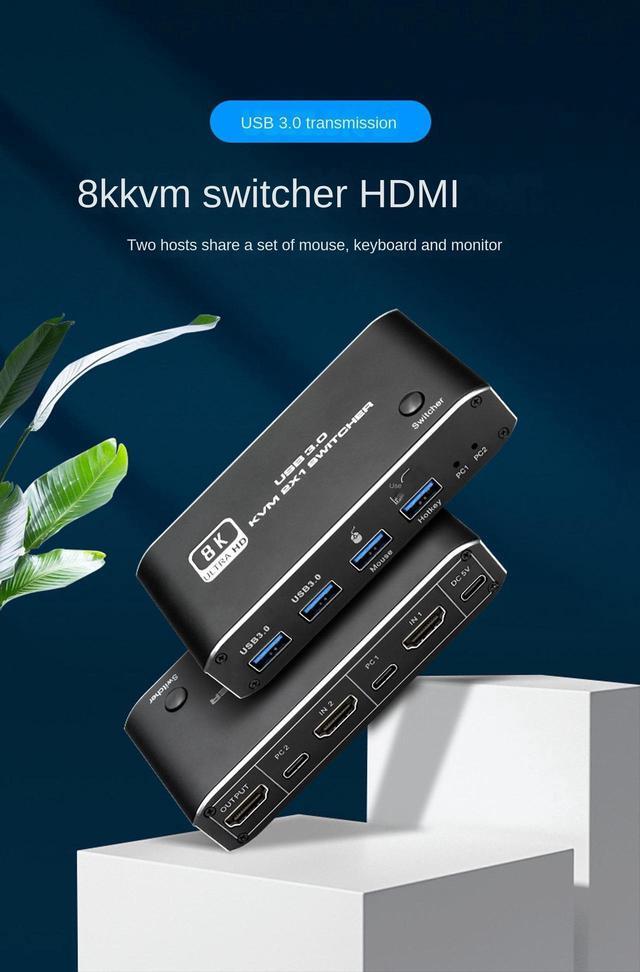 8K HDMI KVM Switch 8K USB KVM HDMI Switch 2x1 HDMI2.1 Ports + 4X USB3.0 KVM Ports Share 2 Computers One Monitor Switch Supports 8K 60Hz 4K 120Hz YUV 4:4:4 HDCP 2.3 HDR 10 Hotkey Darkish